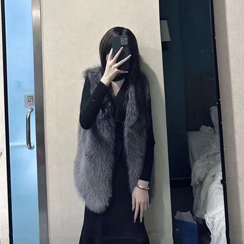 Korean style autumn/winter new loose-fitting faux fox fur mink fur collar solid color vest