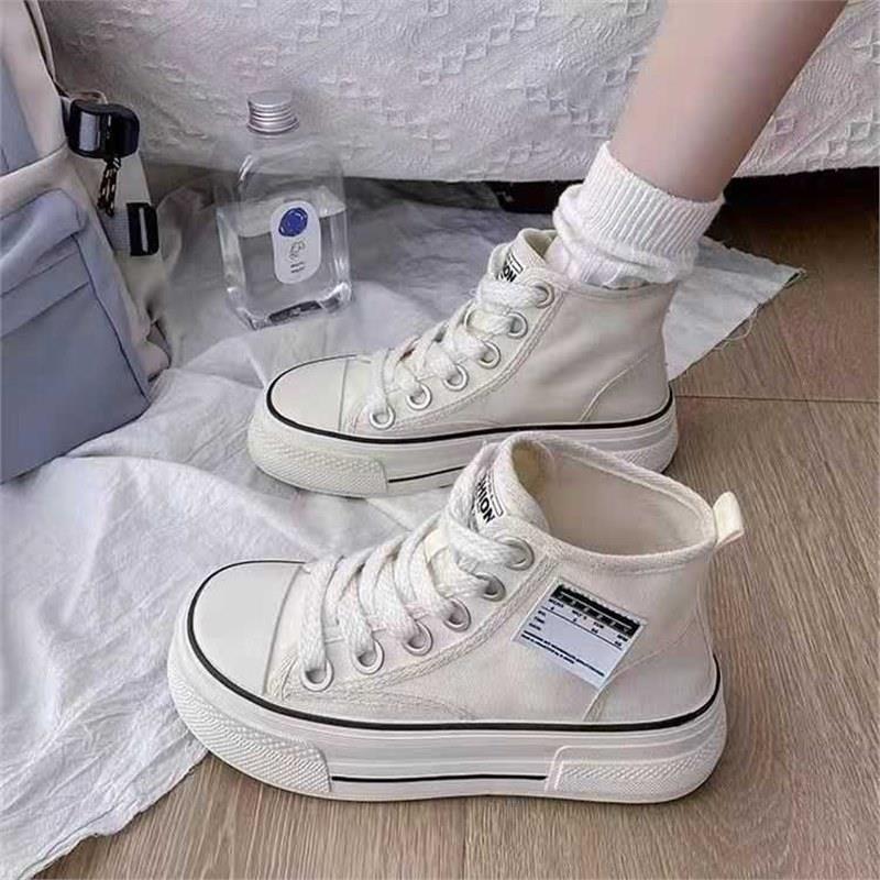 Summer thin Breathable High-top white canvas shoes women's ins trendy thick-soled niche versatile casual sneakers