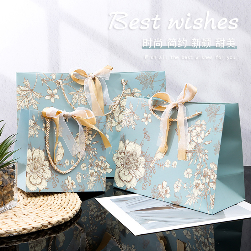 Printed Gift Packaging Bag Ins Mori Bow Ribbon Gift Bag Clothing Shopping Bag Hand Gift Tote Bag