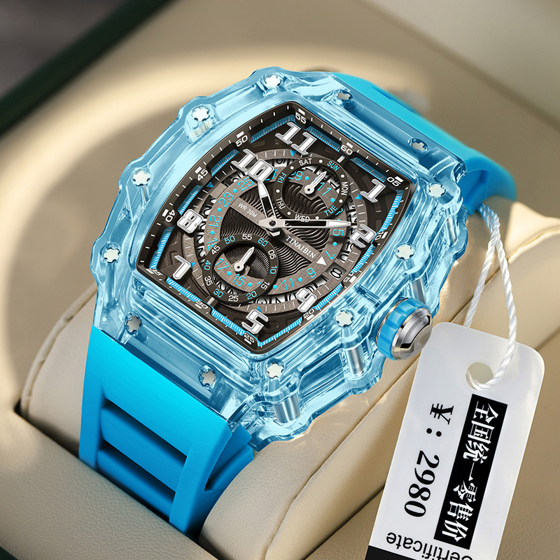 Cross-border hot high-end men's watch transparent barrel-shaped quartz watch luminous fashion fashion watch factory wholesale
