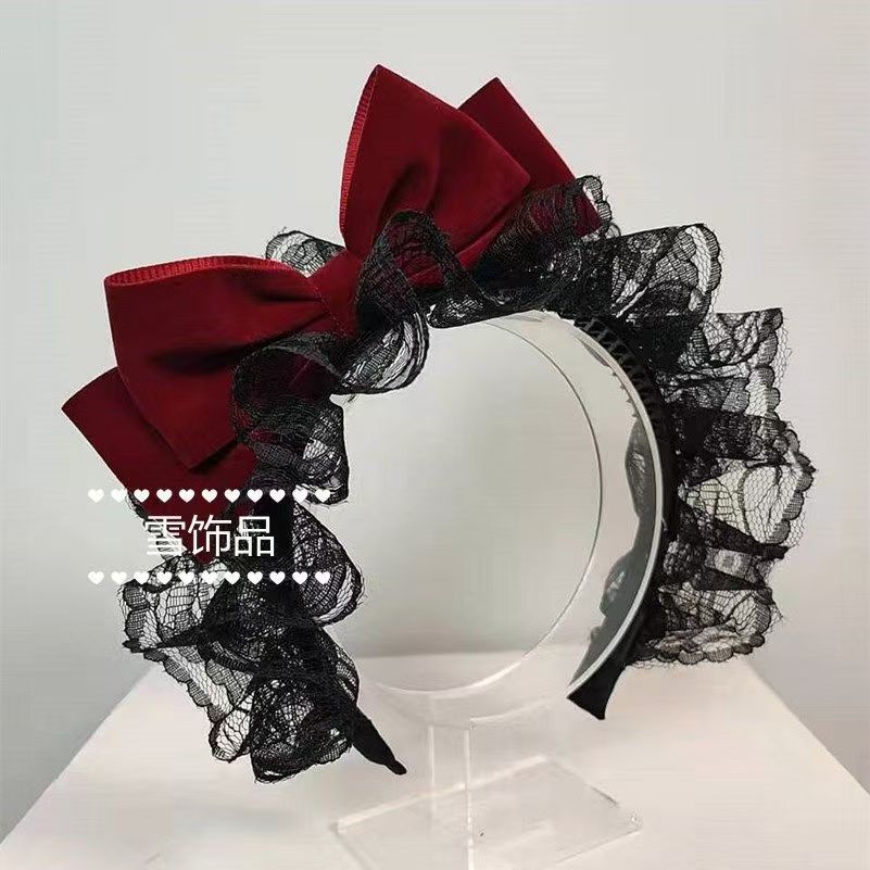 Bridal headband with flower and angel motif, versatile lace kc headband with bow, Lolita hair accessory