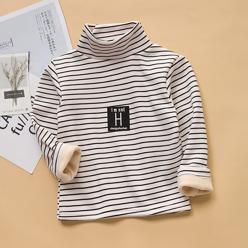 2025 camisa de fondo para niños, cuello medio alto más terciopelo, niños y niñas, rayas, manga larga, abrigo, ropa infantil coreana de moda de otoño e invierno