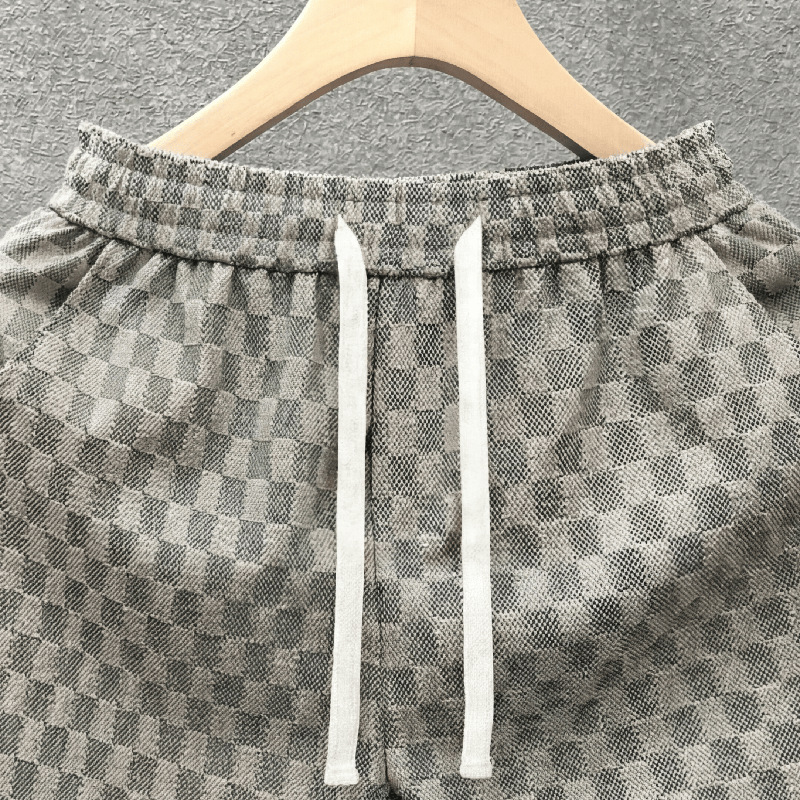 Men's Houndstooth Print Casual Pants High Street Style Loose Straight Leg Five Point Design For Outerwear Or Beach Wear_viptrois.com