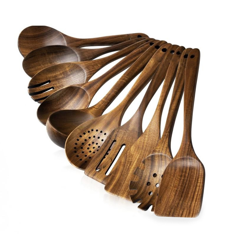 Set de madera de teca horquilla de madera sólida horquilla antiadherente horquilla de madera de acacia cocina utensilios de cocina de mango largo horquilla de verduras pala de cocina conjunto de varias piezas
