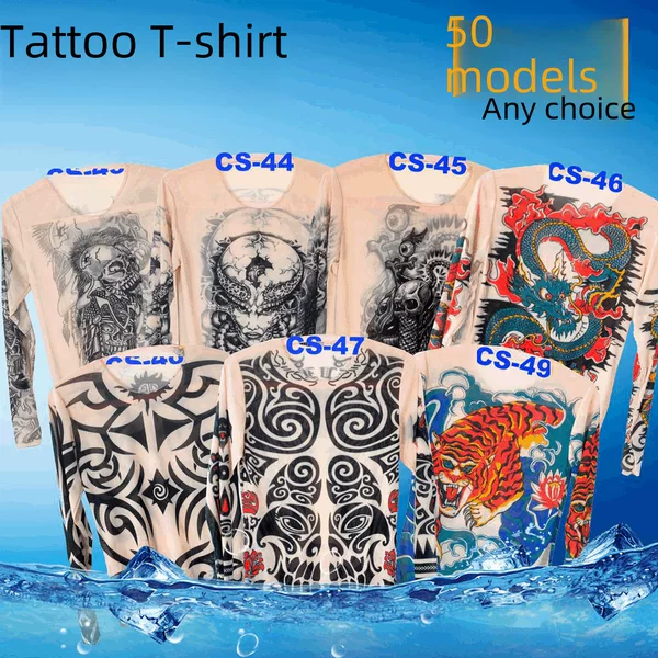 New T-shirt breathable mesh polyester personality breathable men's tattoo T-shirt tattoo clothes long sleeve factory direct sales
