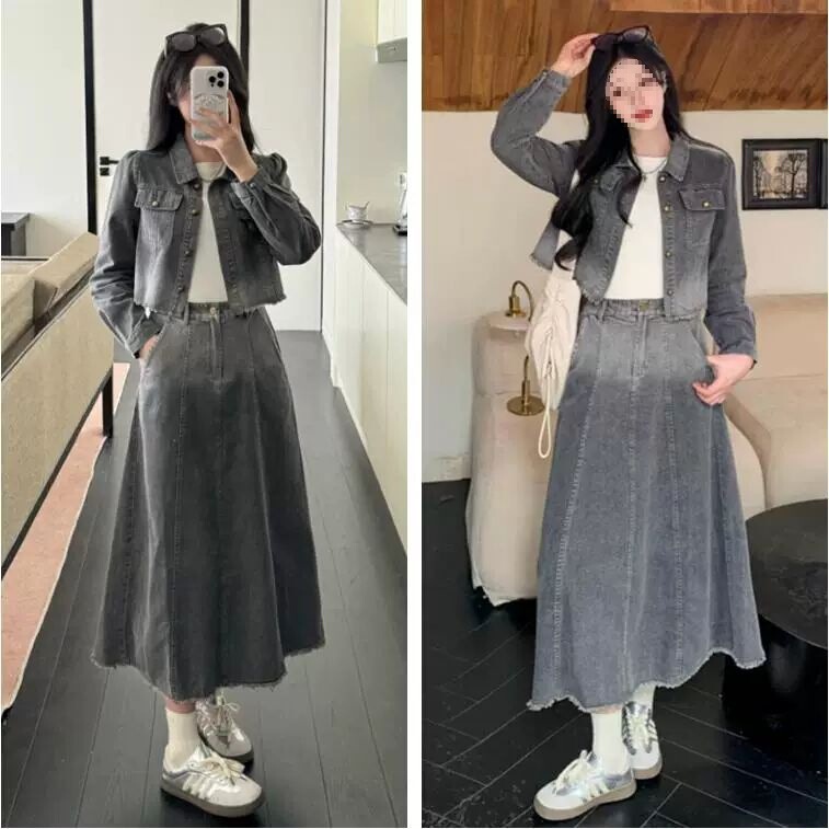 大码港风休闲气质套装连衣裙女秋冬胖mm显瘦牛仔外套长裙子两件套|undefined