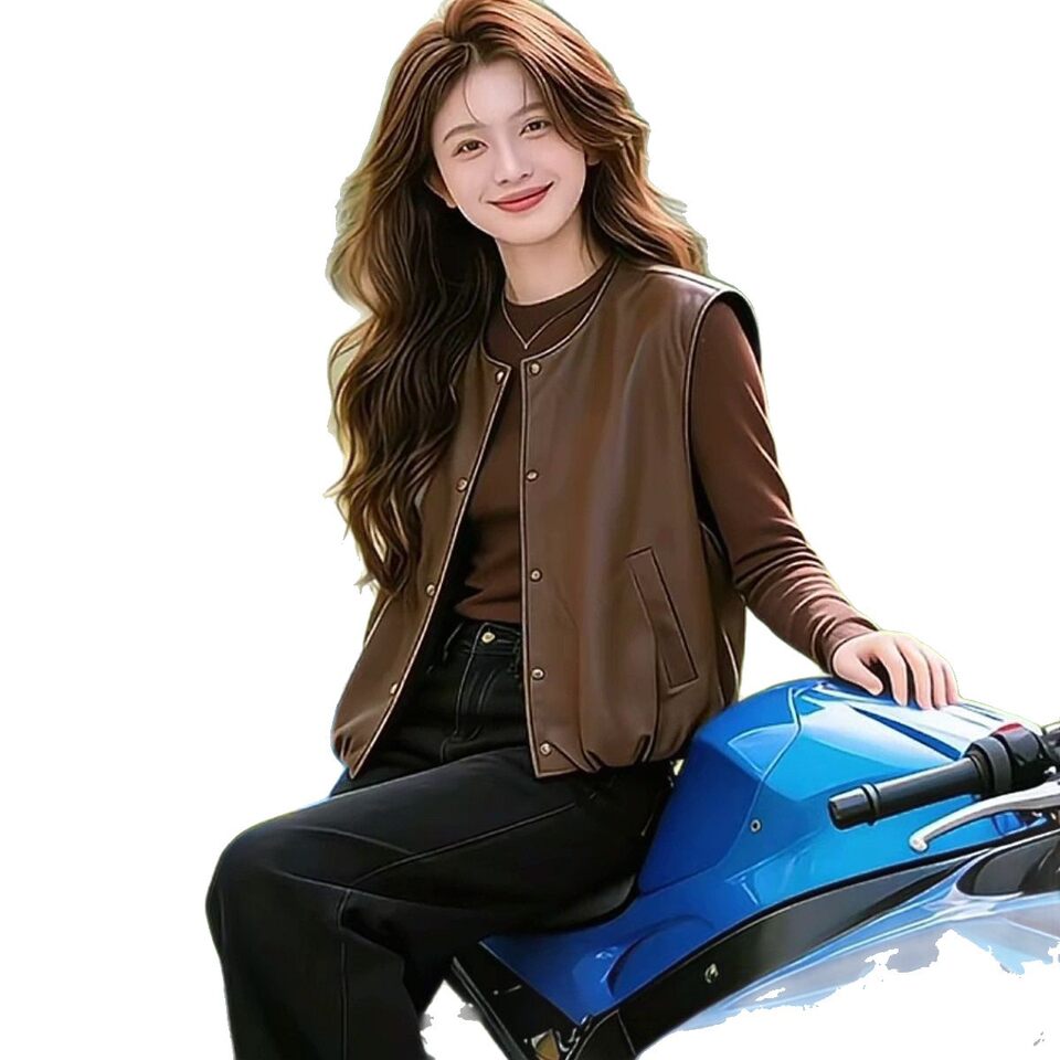 Áo gile da PU nữ dáng ngắn không tay cổ tròn phối layer form rộng — Màu nâu cà phê, màu đen