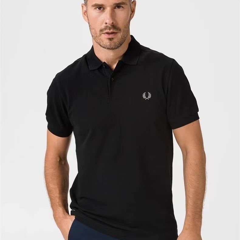 Fred Wheat Ear Fashion Summer Men's Solid Color Short Sleeve Polo Business Casual Embroidered Turn-Down Collar T-Shirt with Two Buttons Fred Wheat Ear Fashion Summer Men's Solid Color Short Sleeve Polo Business Casual Embroidered Turn-Down Collar T-Shirt with Two Buttons