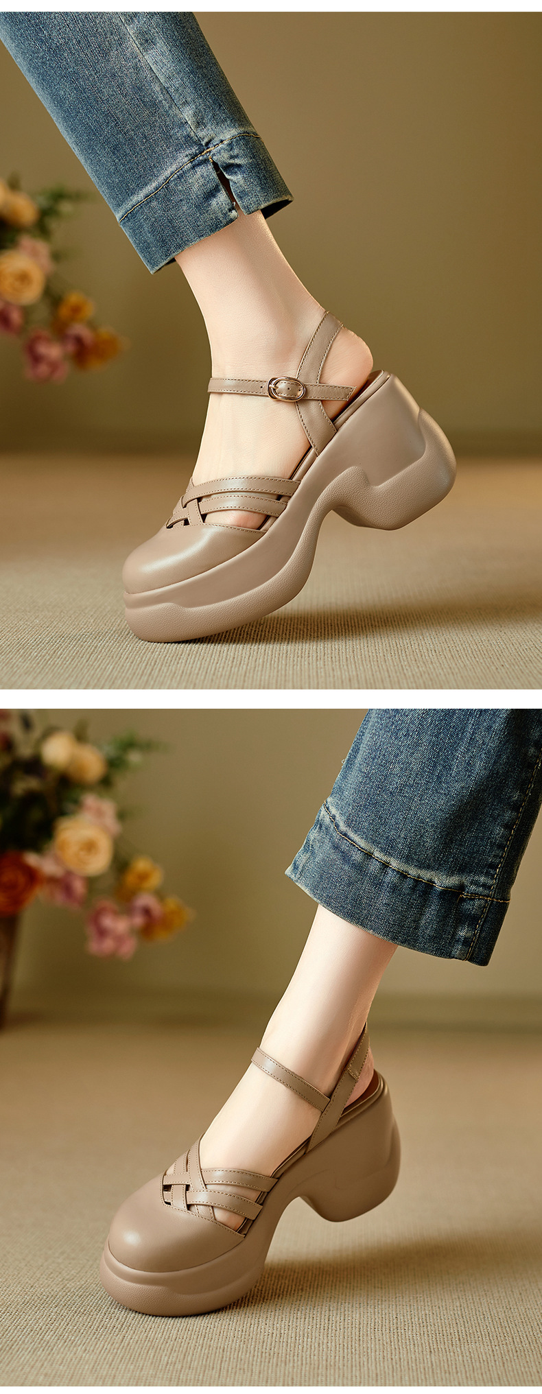 Sandal nữ quai chữ V đế bánh xốp dày dệt lồng phong cách La Mã — màu trắng ngà chi tiết 5