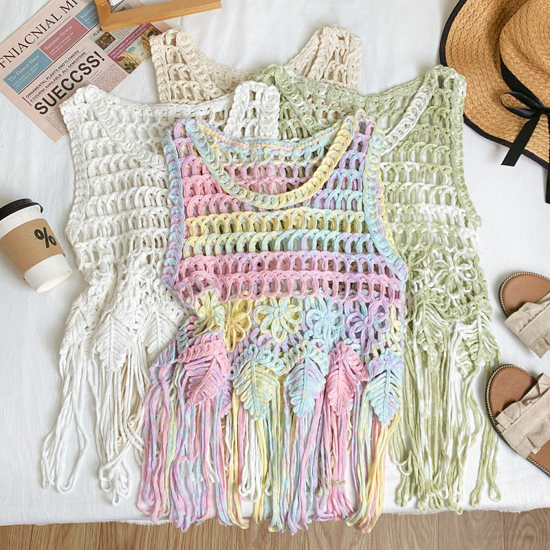 Bohemian Tassel Woven Vest Camisole Women's Summer Seaside Vacation Hollow Out-Wearing Blouse Top