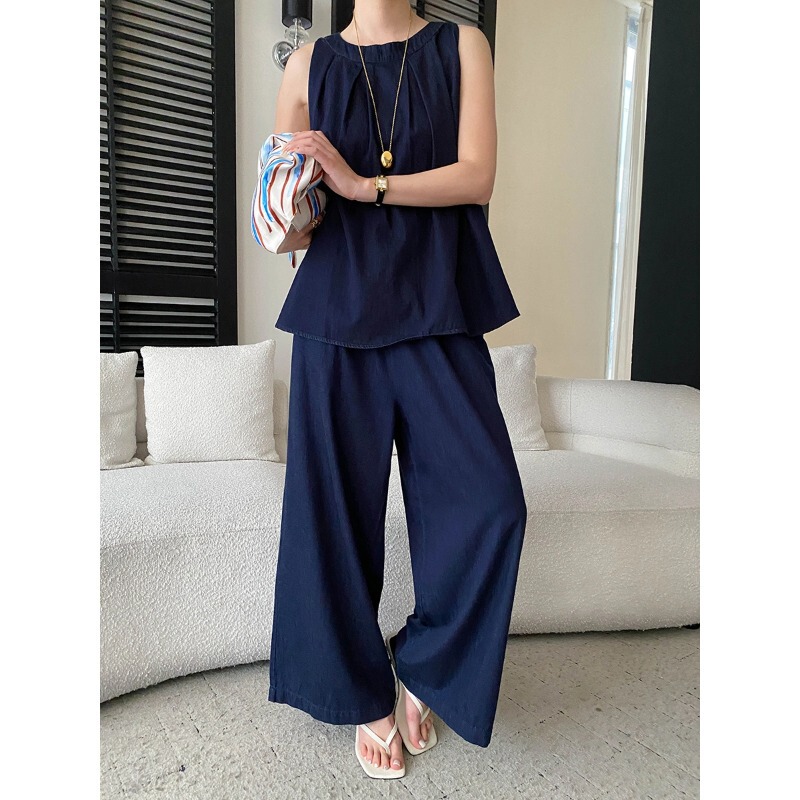 Sinnan Fashionable Everyday French Retro Round Neck Sleeveless Denim Vest Shirt Casual Pants Set Sn9022