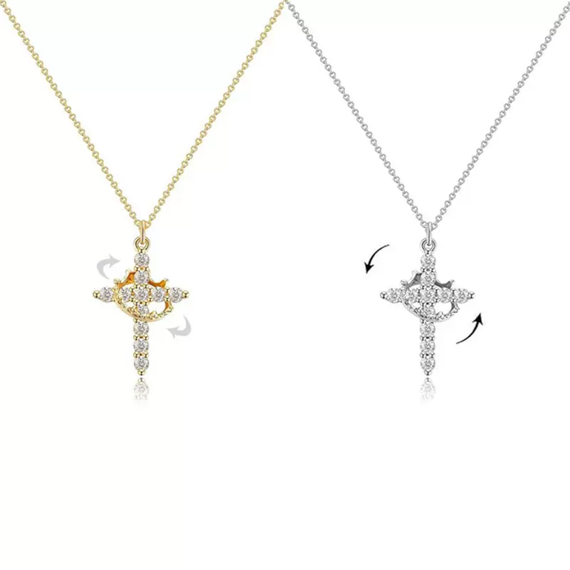 欧美个性钻石皇冠十字架项链 可旋转圈圈圣餐洗礼吊坠百搭耳饰