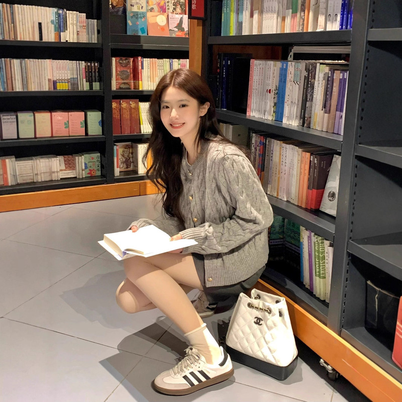 灰色麻花针织外套女2025春秋新款开衫韩系小个子外搭毛衣慵懒上衣|undefined