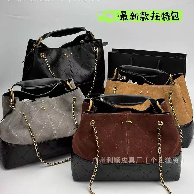 广州高版25A小香麂皮双拼色菱格托特包hobo菱格链条真皮横版女包|undefined
