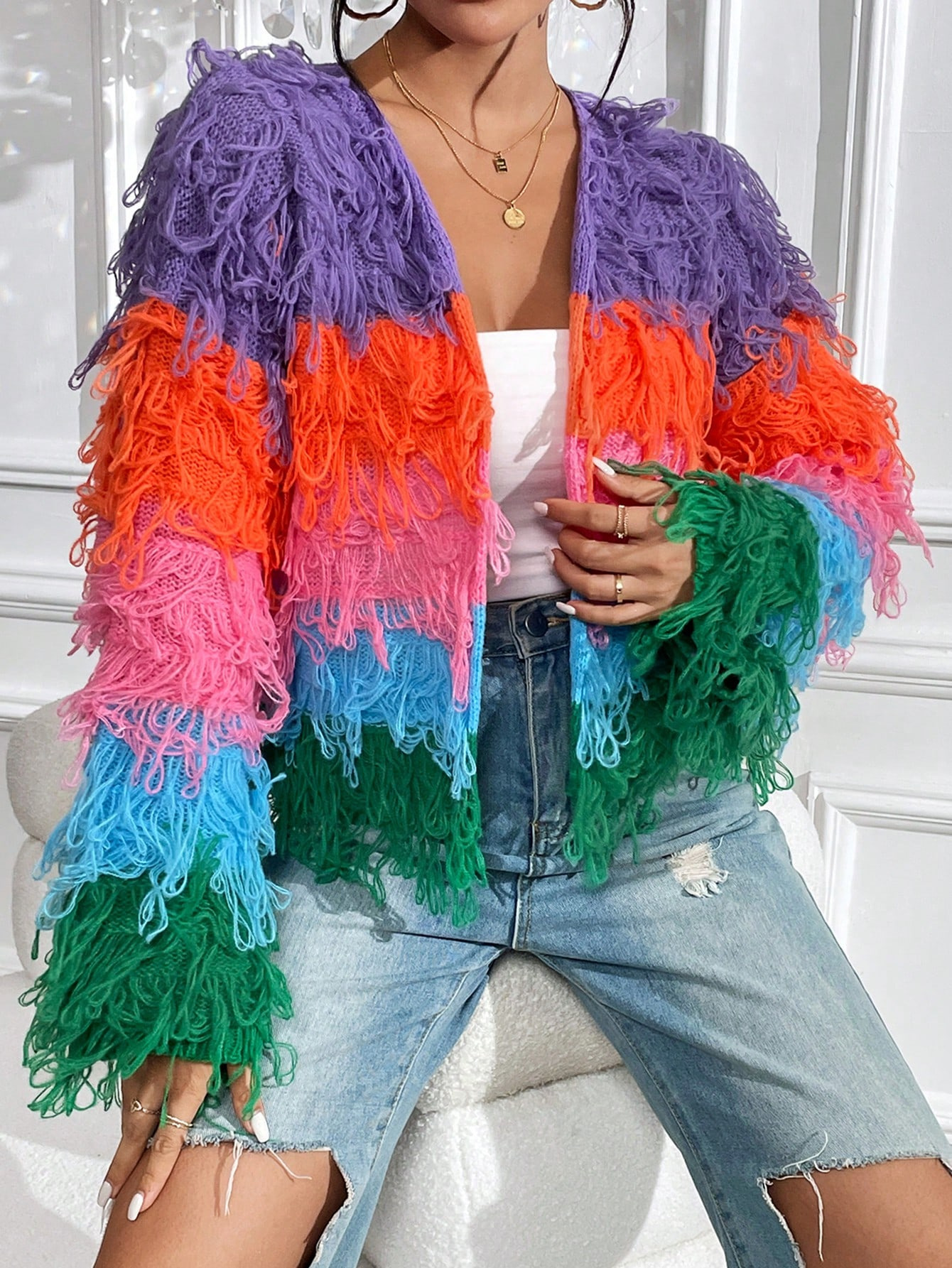 Fringe Gradient Cardigan Women's Fashion Knitwear Loose Fit Casual Long Sleeve V-Neck Boho Chic Sweater_ecoleips.com