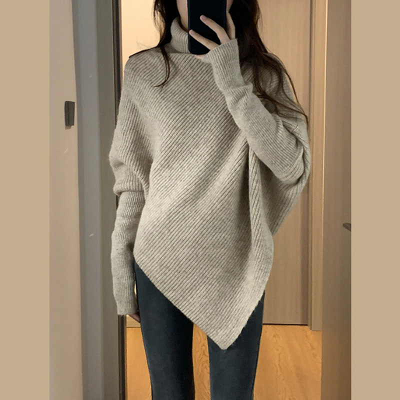 2026 New Design Asymmetrical Hem High-Neck Sweater for Women, Loose and Stylish, Niche Soft Knit Top