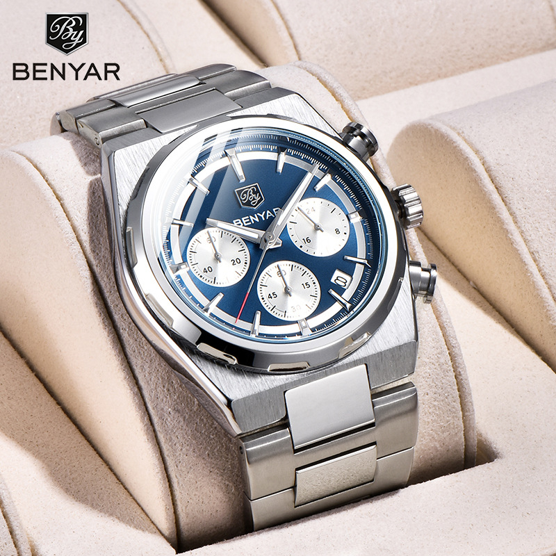 Reloj para hombre BY5204 reloj de cuarzo multifuncional de moda impermeable acero nocturno calendario reloj para hombre