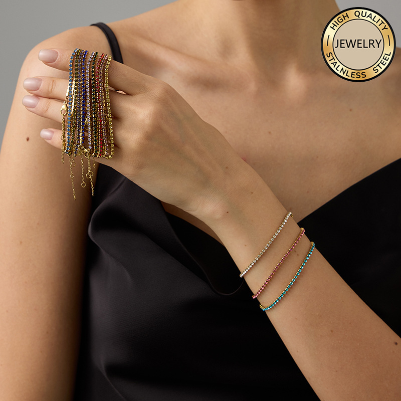 High-Quality Colorful Rhinestone Tennis Chain Stainless Steel Hypoallergenic Fine Bracelet Ins Style Colorful Zircon Bracelet