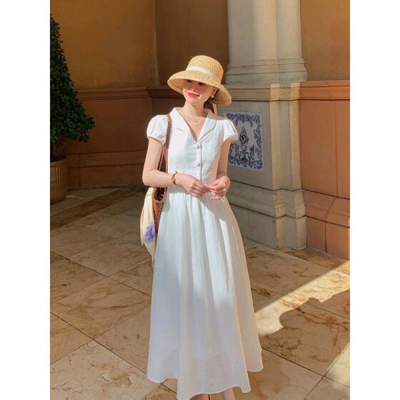 Wang Hanyan French Style Retro Beautiful dress Women's Pastoral Style Elegant Slimming Ramie Gentle Printed dress Summer
