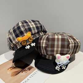 音符格纹刺绣八角帽子女秋季复古百搭小众高顶大头围休闲报童帽