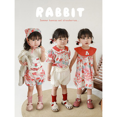 Qiu Domo Girl Red Rabbit Series Set Children's Cartoon Dress Baby Shirt Summer T-shirt Shorts 