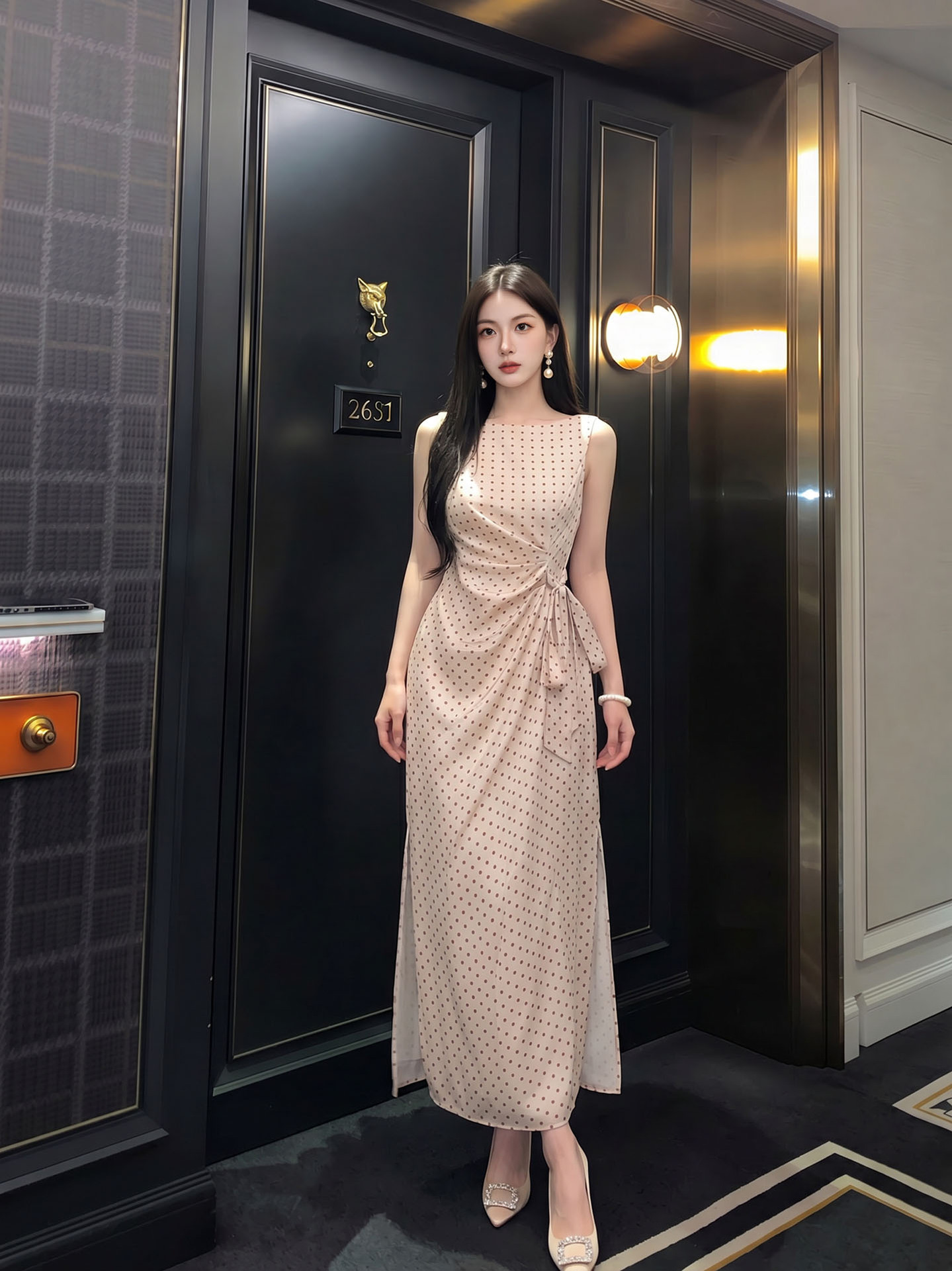 Đầm dài ôm body không tay họa tiết chấm bi phong cách Tân Trung Hoa — Điểm sóng