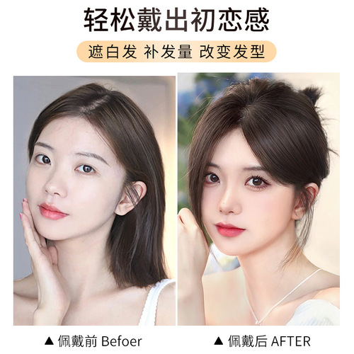 Xuchang wig real hair middle-parted bangs replacement hair piece wholesale ultra-thin hand-woven Swiss mesh wig piece for women's head hair extension