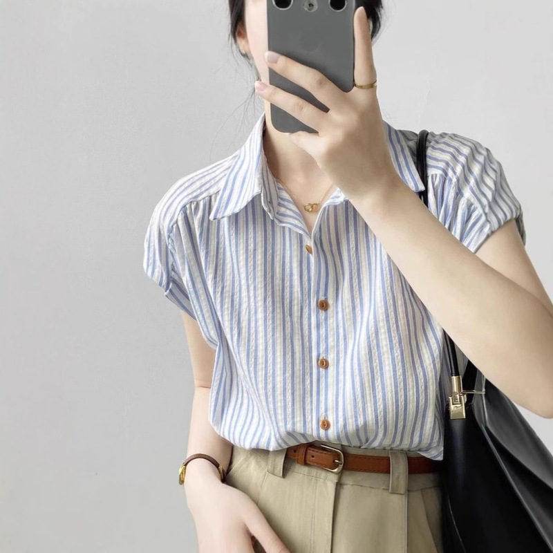 French-Style Small Flutter Sleeve Striped Shirt for Women, New Summer Temperament Short-Sleeve Shirt, High-End Fresh Loose Top
