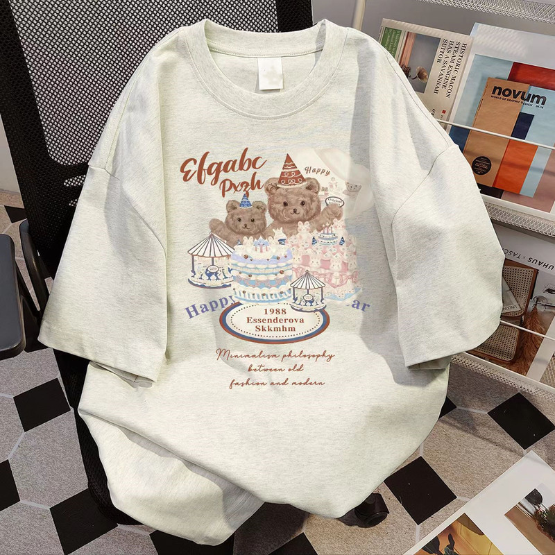 American Style Pure Cotton Sweet Style Graffiti Printed Short-sleeved T-shirt Women's Summer New Loose All-match White Grey Top Clothes