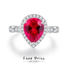 欧美新款女式彩宝款S925纯银红刚玉仿鸽血红宝水滴形戒指复古首饰
