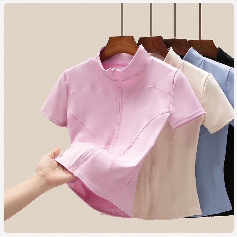 Running Pilates Stand-Up Collar Zipper Yoga Clothes for Women 2025 Summer New Slim T-Shirt Sports Short-Sleeved Fitness Clothes