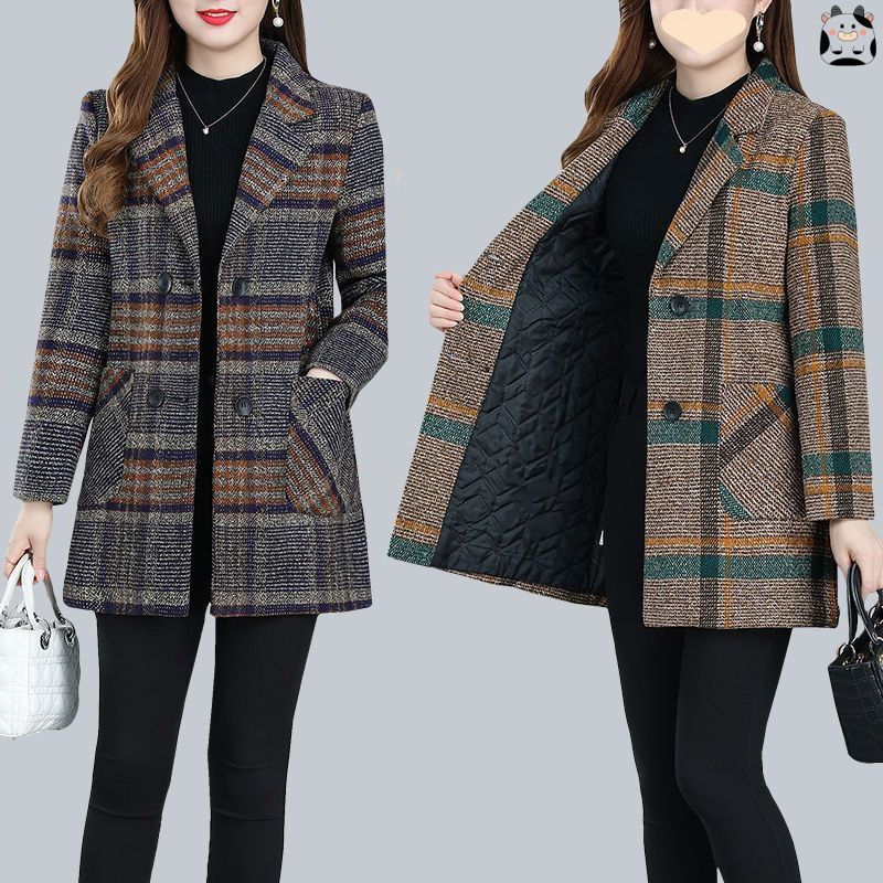 New Winter Plaid Outwear for Middle-Aged Mothers, Quilted Woolen Outwear, Mid-Length Spring & Fall Large Size Suit Top