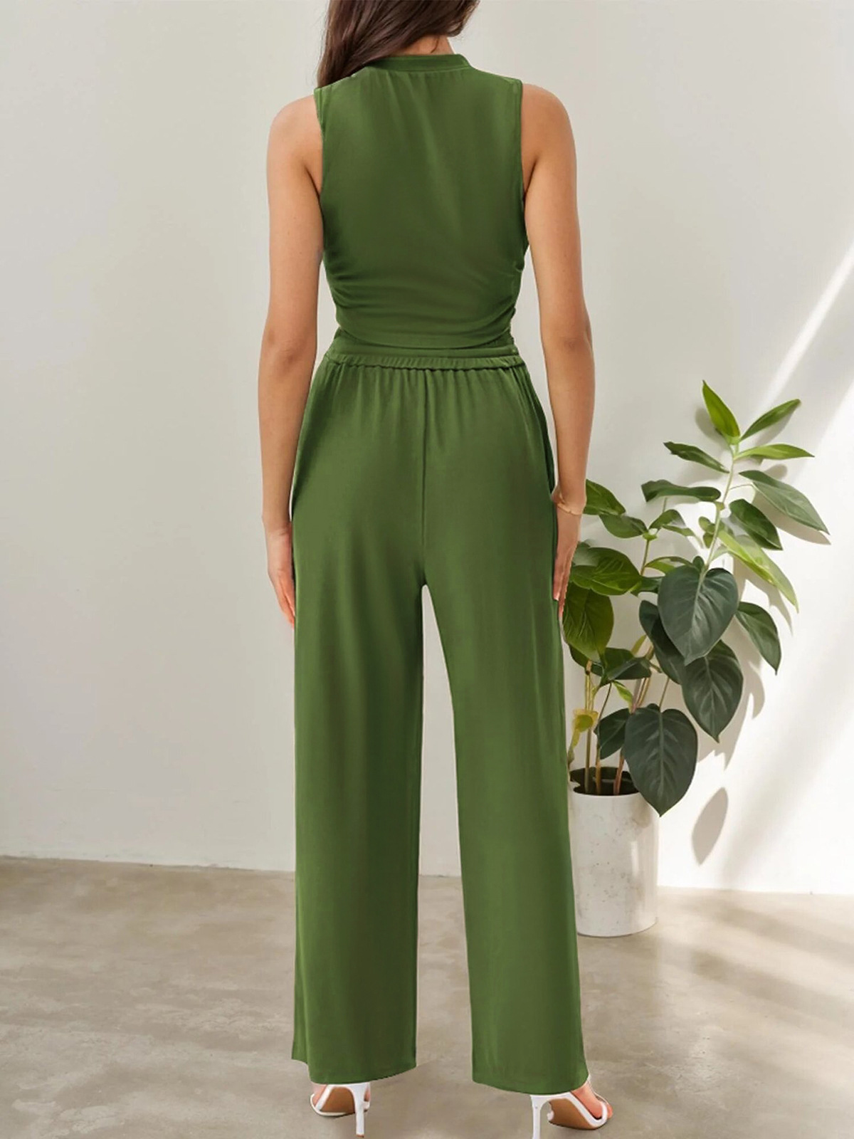 Women's Clothing Summer Leisure Suit Sleeveless Round Neck Short Slim Fit Top Wide Leg Pants Two Piece Suit_ecoleips.com