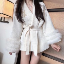 秋冬新款韩系甜美气质宽松V领厚毛衣腰带毛毛袖口针织开衫外套女