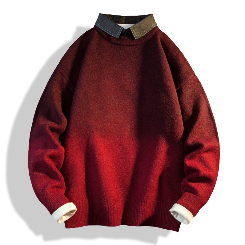 Cross-Border Wholesale Autumn and Winter New Men's Gradient Sweater Trendy Denim Shirt Collar Knitwear Light Gray Dark