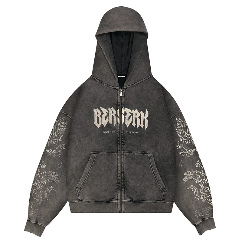 Толстовка на молнии с капюшоном Bae-fighter Berserk графика, винтажная стирка, худи на молнии, размеры S–2XL