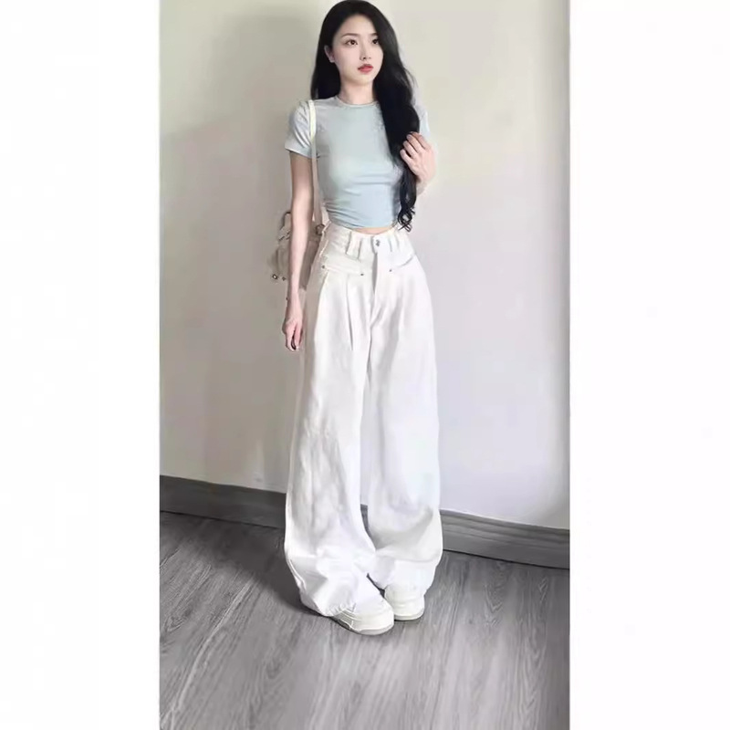 Super High-Waisted Straight-Leg Jeans for Women, Spring and Autumn 2026 New Style, American Design, Pleated Wide-Leg Casual Pants