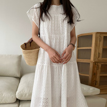 法式温柔白色连衣裙女夏季甜美风花型镂空花瓣袖宽松休闲纯色长裙