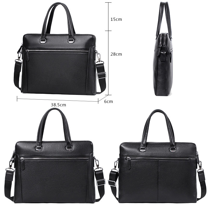 Cặp công sở mỏng da bò thật hai dây kéo, túi xách tay đeo chéo vai cho nam, đựng laptop 14 inch, 38,5×6×28 cm — Màu đen