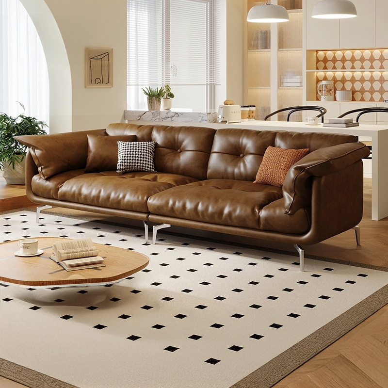 Dingli Cheng Fuyun Genuine Leather Sofa Living Room Italian Accessible Luxury Retro Style Brown down Sofa Straight Row 2024 New Style