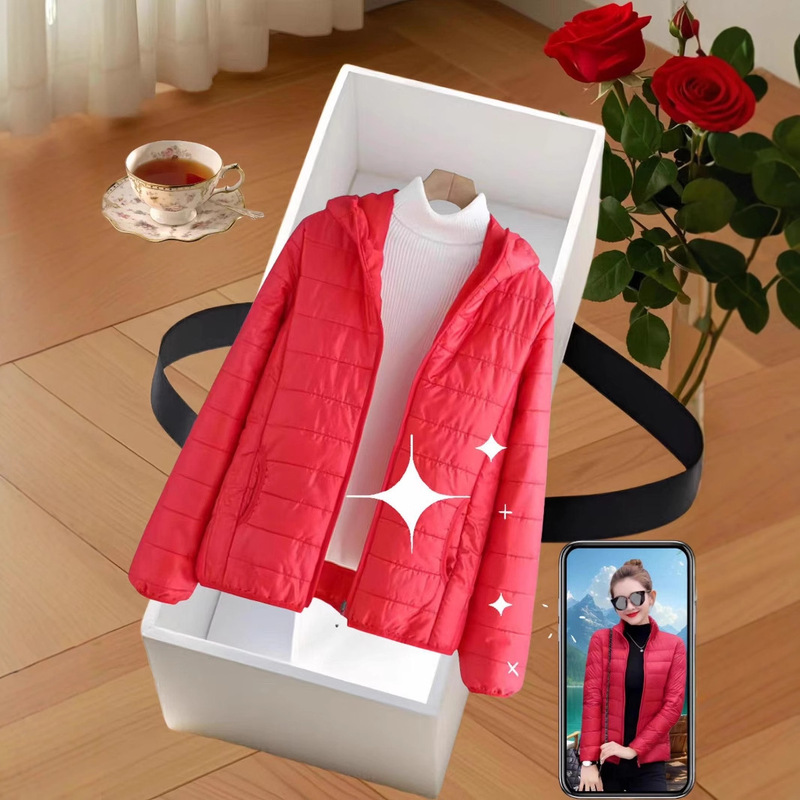 Lightweight down Cotton Outwear for Women, New Autumn and Winter Slimming Look Short Hooded Ultra-Lightweight Slim Warm Jacket for Women, Cotton-Padded Jacket