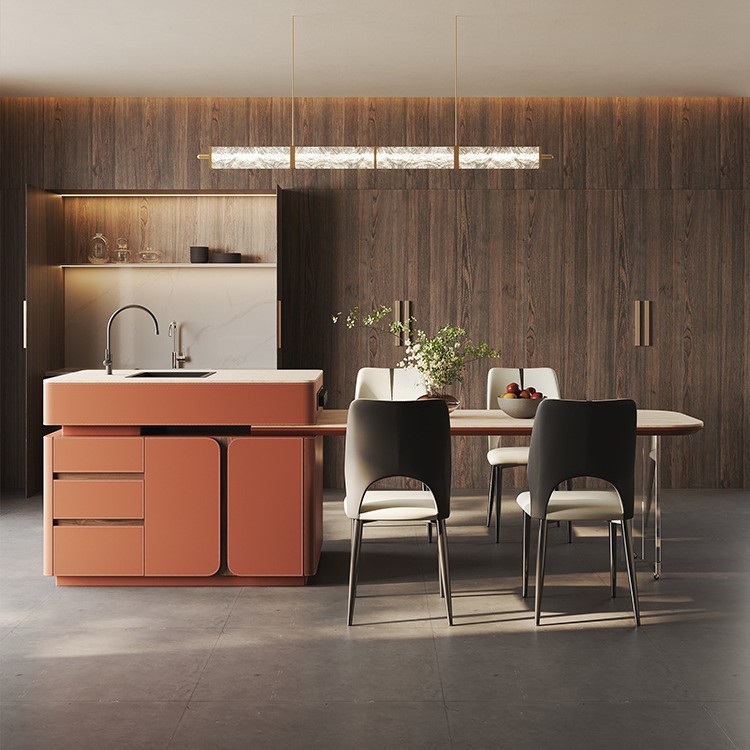 Mesa de comedor de plataforma de isla integrada, sala de estar de gran tamaño retráctil de alta gama, placa de roca, silla de montar, multifuncional con fregadero, caída media