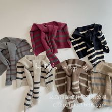 复古多用针织披肩儿童提花条纹围巾男童女童围巾