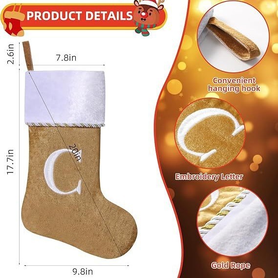 クリスマスMonogramクリスマス靴下、金色と白のベルベット刺繍金色の文字|undefined