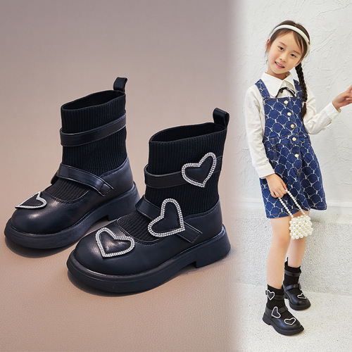 Girls' short boots  autumn and winter new children's socks boots black Martin boots children's boots knitted non-slip soft sole shoes