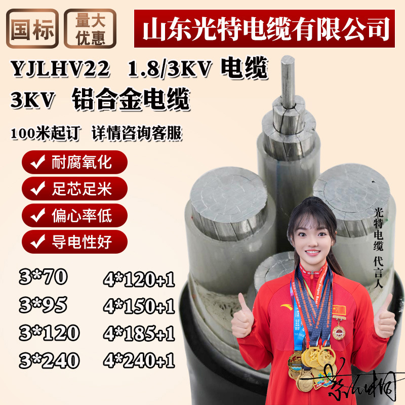 铝合金YJLHV22国标1.8/3KV高压电缆6KV 3 5 芯单芯3*50 95平方150