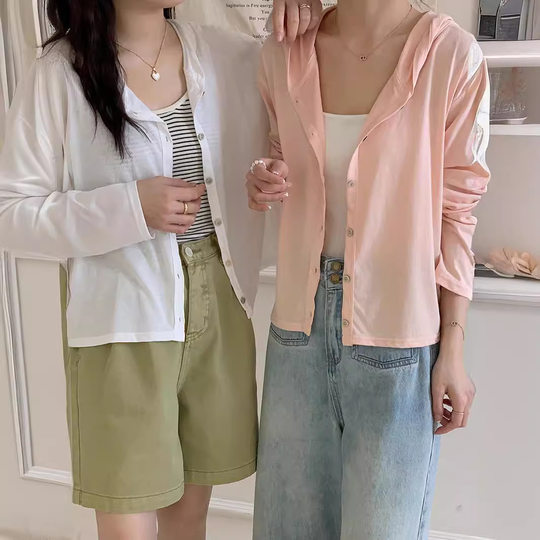 Spring and Summer New Button Knitwear Women's Loose All-match Slub Cotton Cardigan Outer Wear Long-sleeved Sunscreen Hooded Air-conditioning Shirt
