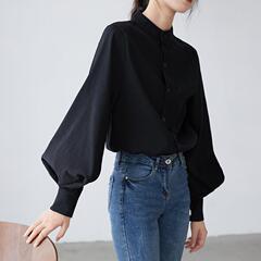 女性用ブラックスタンドカラーシャツ、ニッチで軽くて大人なフレンチスタイルシャツ、レトロな香港スタイルのランタンスリーブトップス