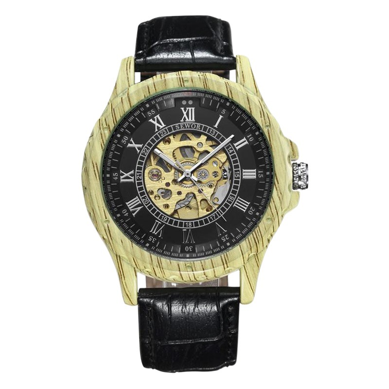 SEWOR hombres de negocios reloj mecánico automático de madera correa de cuero hueco transparente inferior mecánico reloj de madera maciza 001