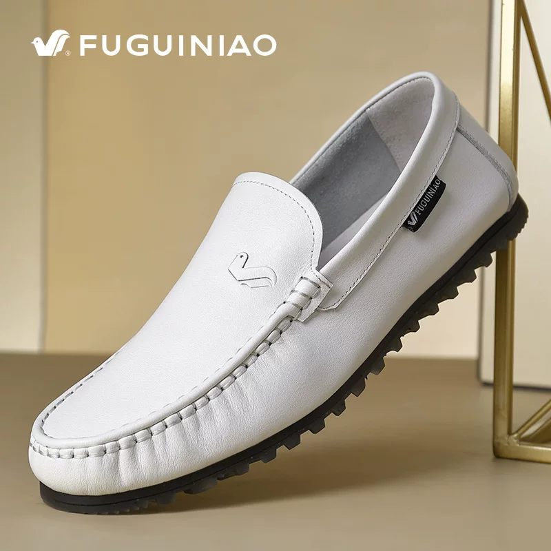 Rich Bird Low Four Seasons Black White yellow spot Single -layer leather bean shoes Male round head flat heel leather single shoes